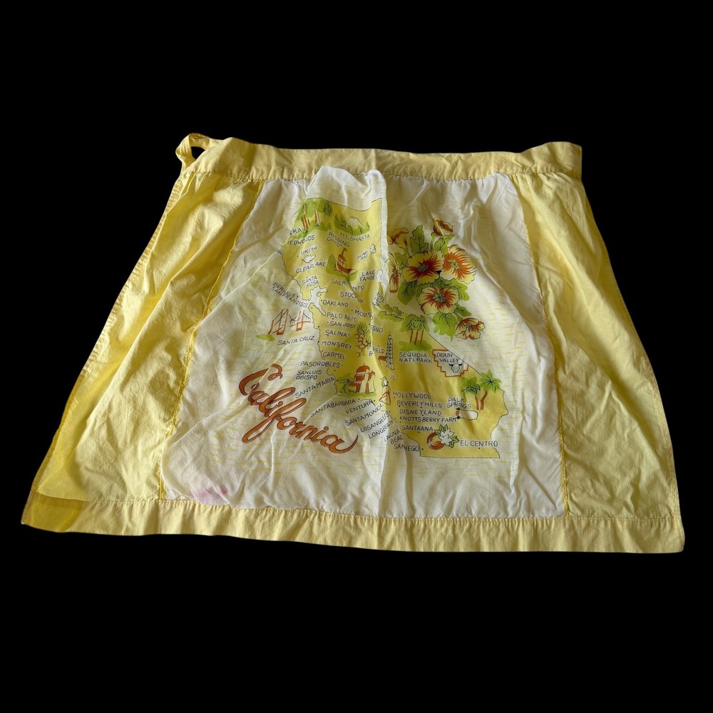 Vintage California Souvenir Map Half Apron Yellow Cotton Retro Kitsch Travel